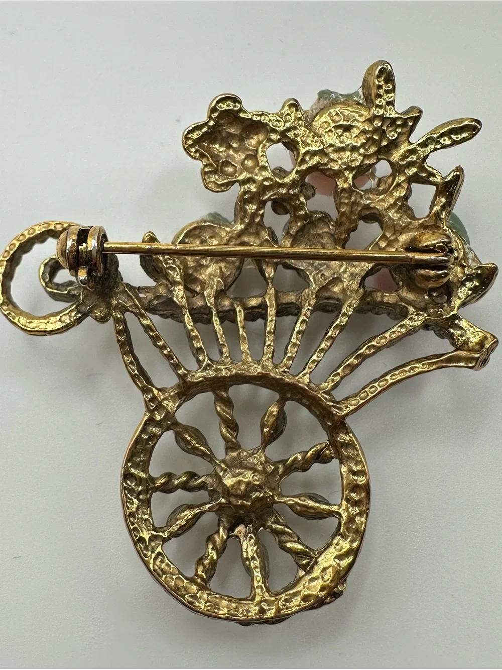 1950s Gold Floral Cart Brooch with Pink Porcelain Roses and faux Pearl